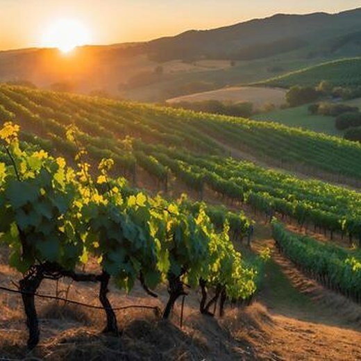Viñedo en hilera al atardecer con el sol sobre las colinas